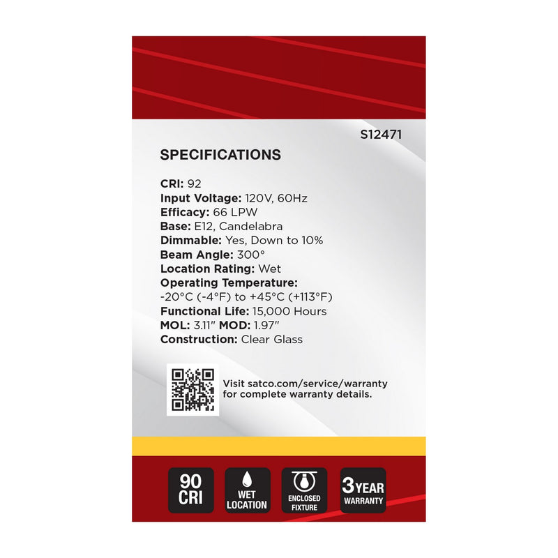 Satco S12471 Light Bulb, Clear