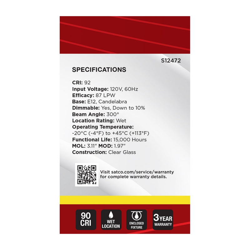 Satco S12472 Light Bulb, Clear