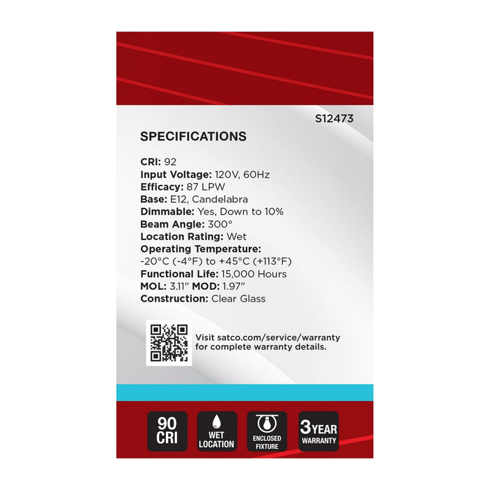 Satco S12473 Light Bulb, Clear