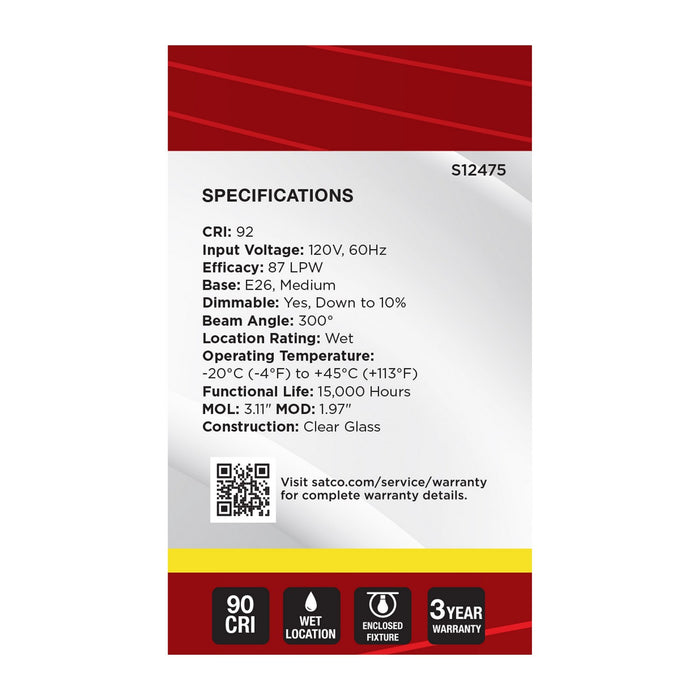 Satco S12475 Light Bulb, Clear