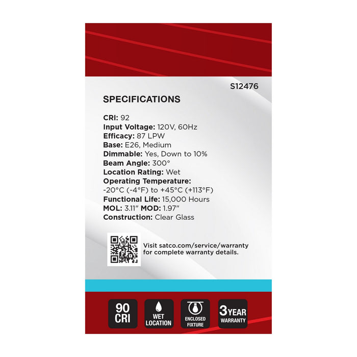 Satco S12476 Light Bulb, Clear