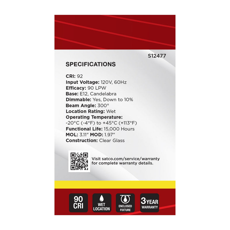 Satco S12477 Light Bulb, Clear