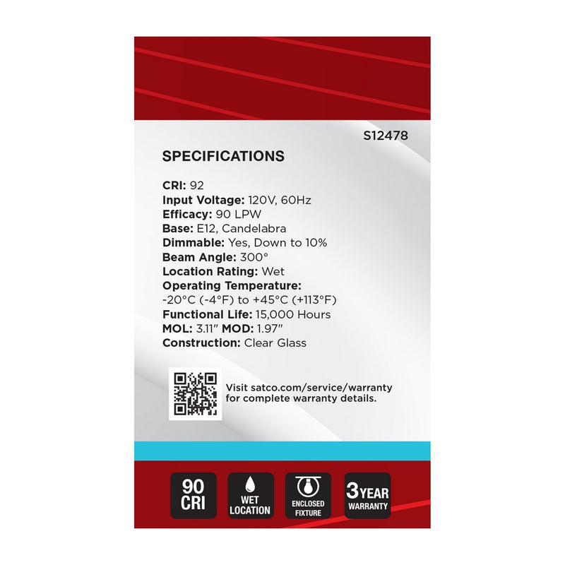 Satco S12478 Light Bulb, Clear
