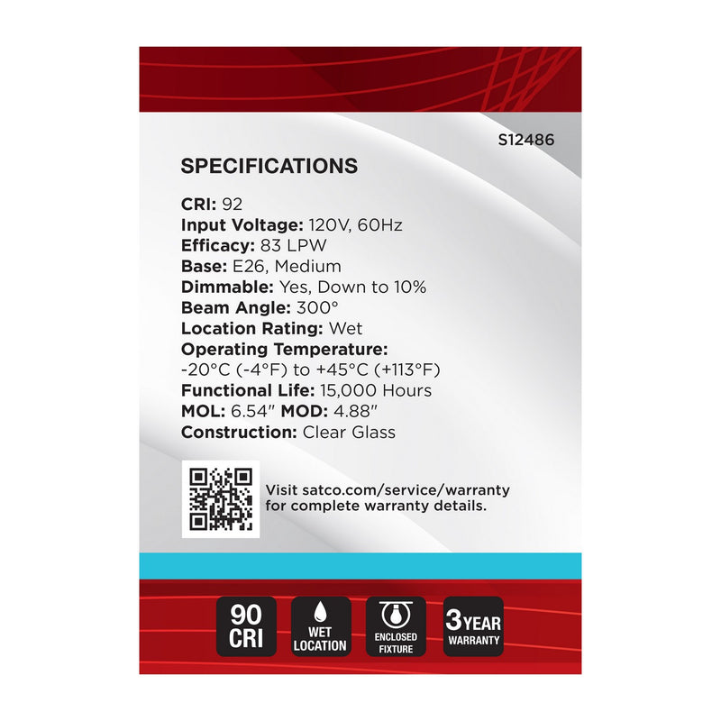 Satco S12486 Light Bulb, Clear