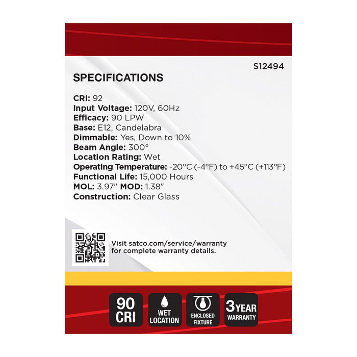 Satco S12494 Light Bulb, Clear
