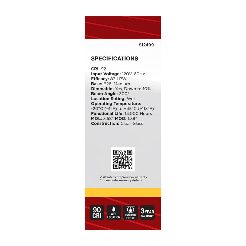 Satco S12499 Light Bulb, Clear
