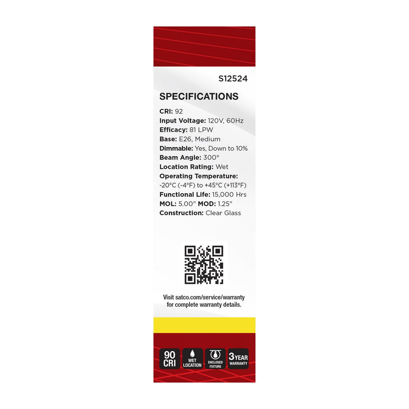 Satco S12524 Light Bulb, Clear