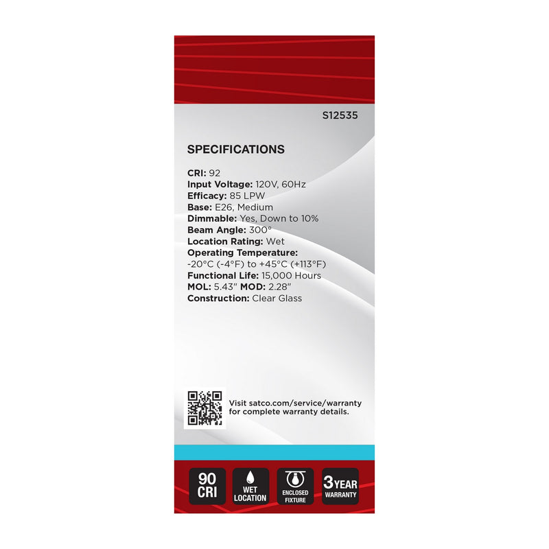 Satco S12535 Light Bulb, Clear