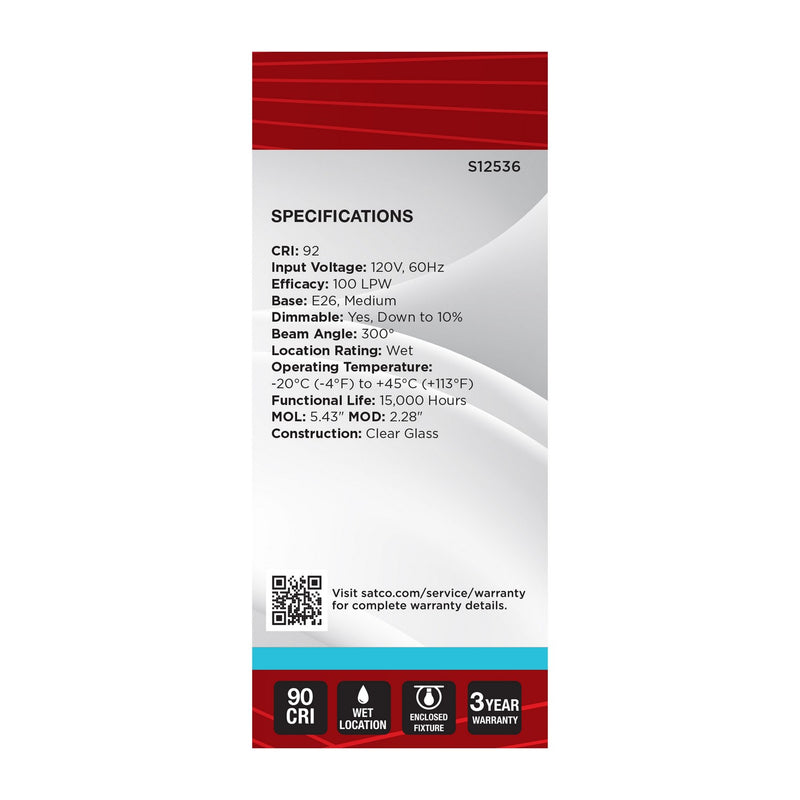 Satco S12536 Light Bulb, Clear