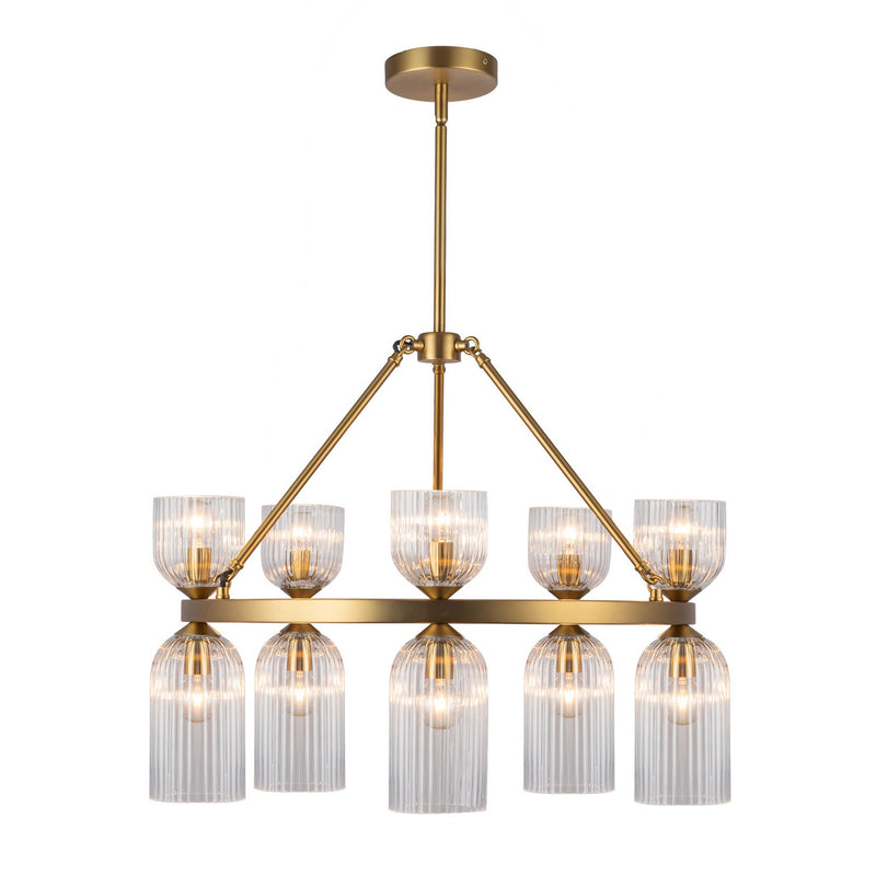 Alora CH442626BGCR Ten Light Chandelier, Brushed Gold/Clear Ribbed Glass