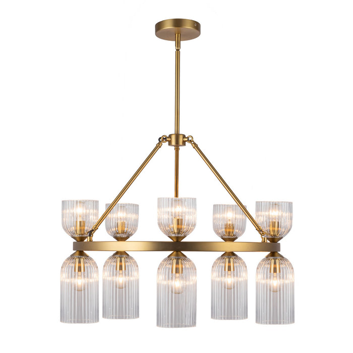Alora CH442626BGCR Ten Light Chandelier, Brushed Gold/Clear Ribbed Glass