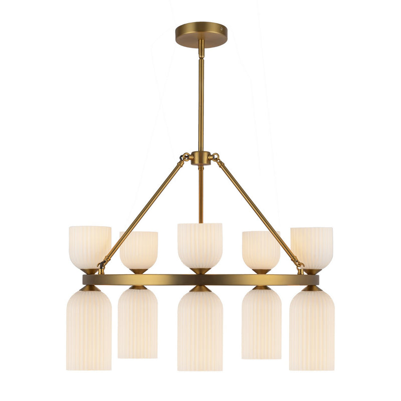 Alora CH442626BGGR Ten Light Chandelier, Brushed Gold/Glossy Ribbed Opal Glass
