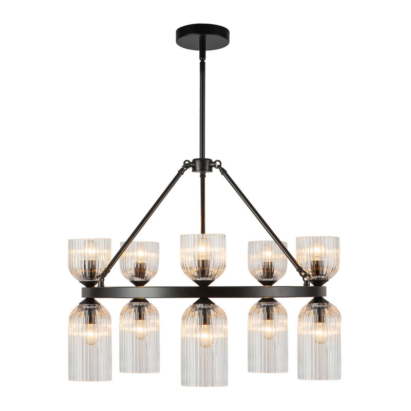 Alora CH442626MBCR Ten Light Chandelier, Matte Black/Clear Ribbed Glass