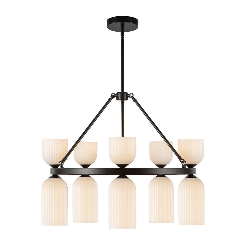 Alora CH442626MBGR Ten Light Chandelier, Matte Black/Glossy Ribbed Opal Glass