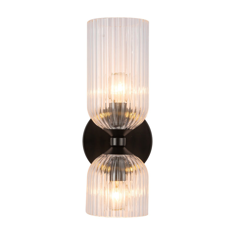 Alora WV442612MBCR Two Light Vanity, Matte Black/Clear Ribbed Glass