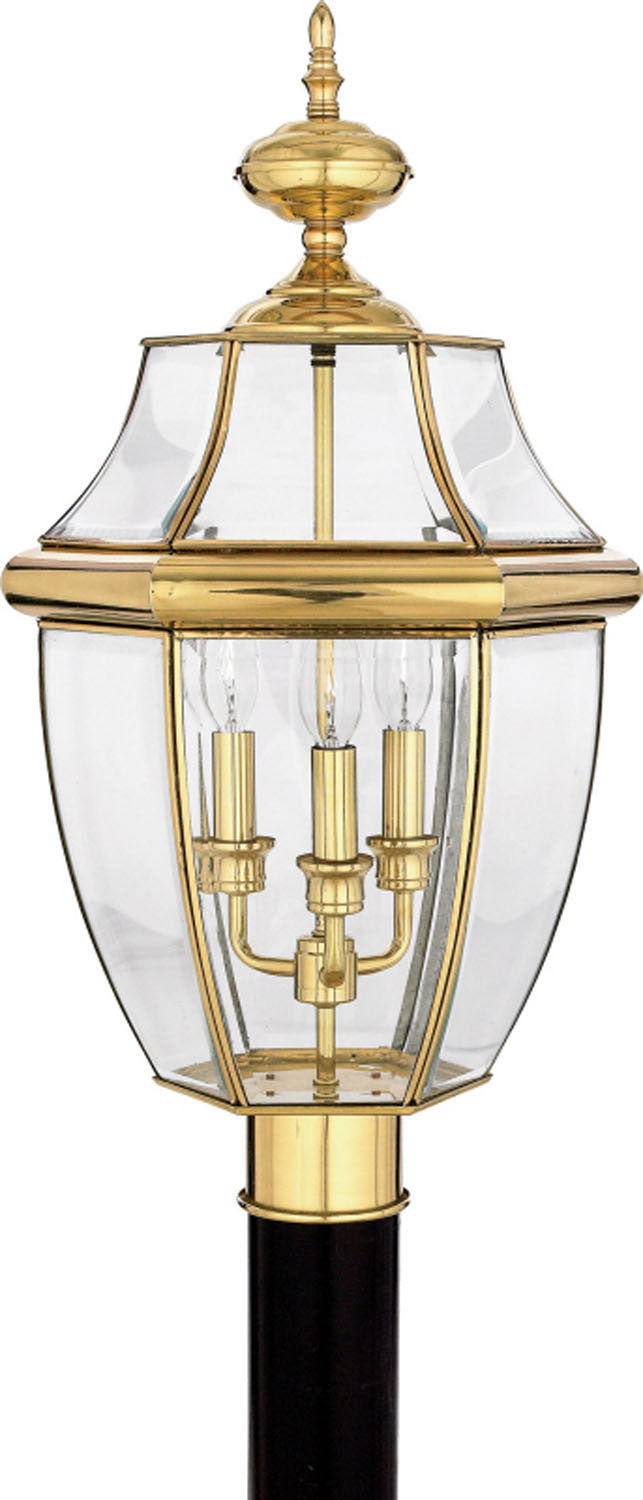Quoizel NY9043B Three Light Outdoor Post Lantern, Polished Brass