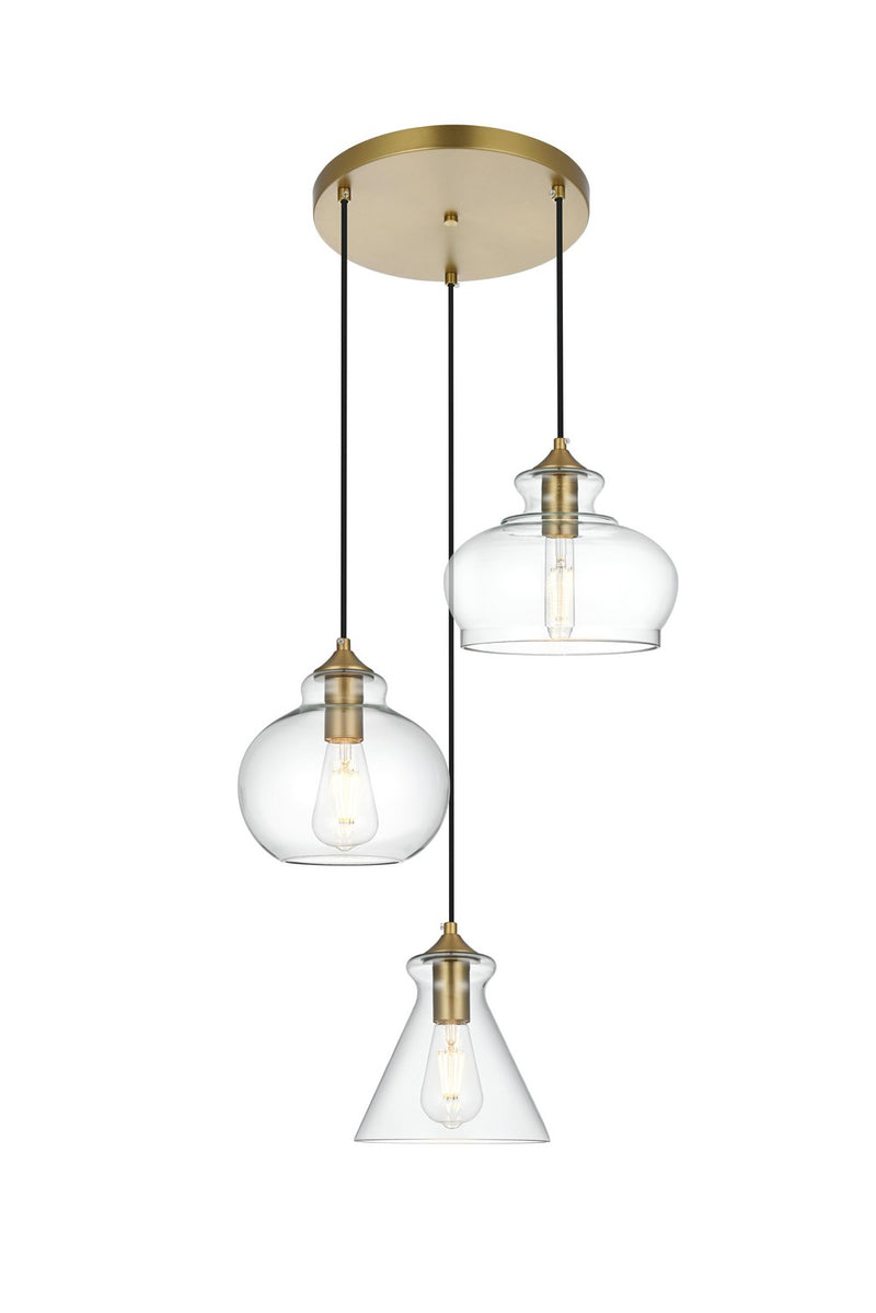 Elegant Lighting LD2247SG Three Light Pendant, Satin Gold and Clear