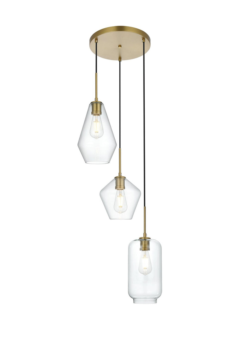 Elegant Lighting LD2268SG Three Light Pendant, Satin Gold and Clear
