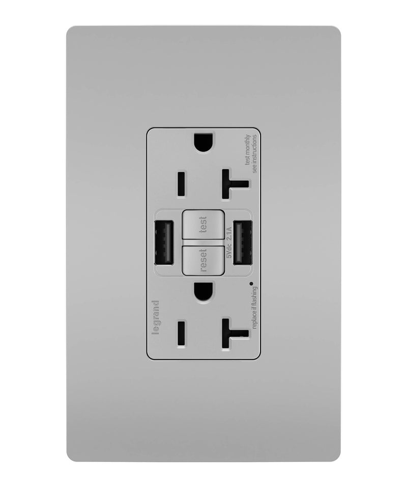 Legrand 2097TRUSBAAGRY Tamper-Resistant 20A Duplex Self-Test GFCI Receptacles with SafeLock Protection, Type A/A Outlet, Gray