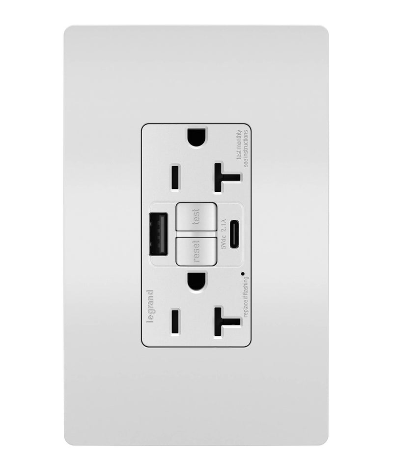 Legrand 2097TRUSBACW Tamper-Resistant 20A Duplex Self-Test GFCI Receptacles with SafeLock Protection, Type A/C Outlet, White