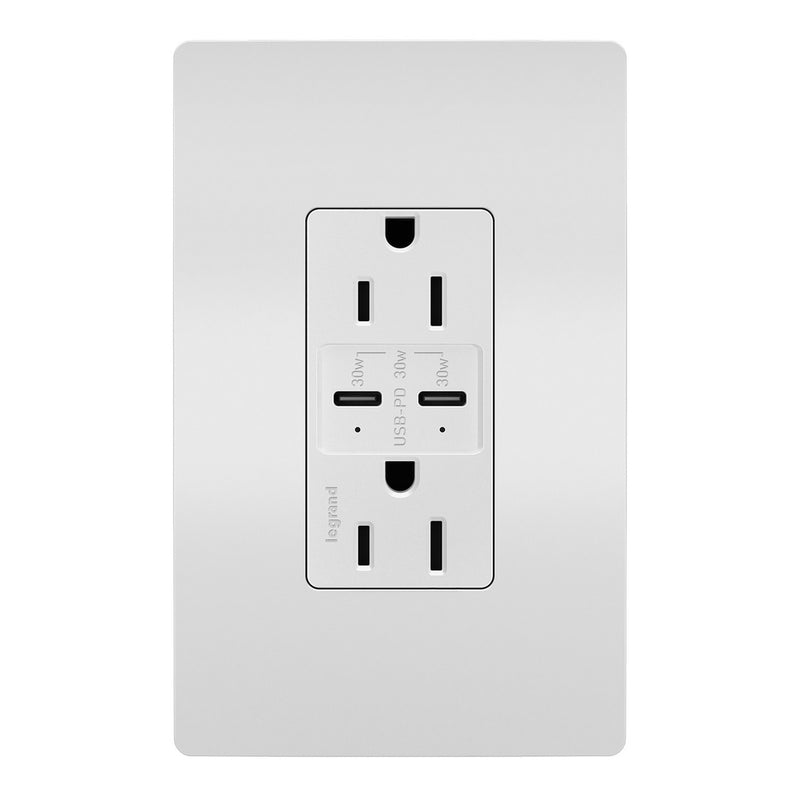 Legrand R26USBPDW 15A Tamper Resistant Ultra Fast PLUS Power Delivery USB Type C/C Outlet, White