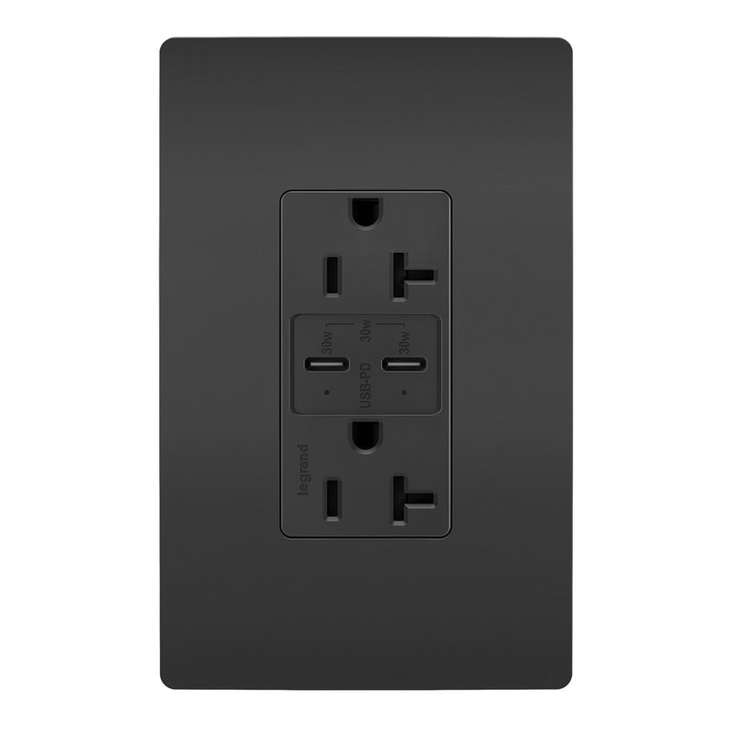 Legrand TR20USBPDBK 20A Tamper Resistant Ultra Fast PLUS Power Delivery USB Type C/C Outlet, Black