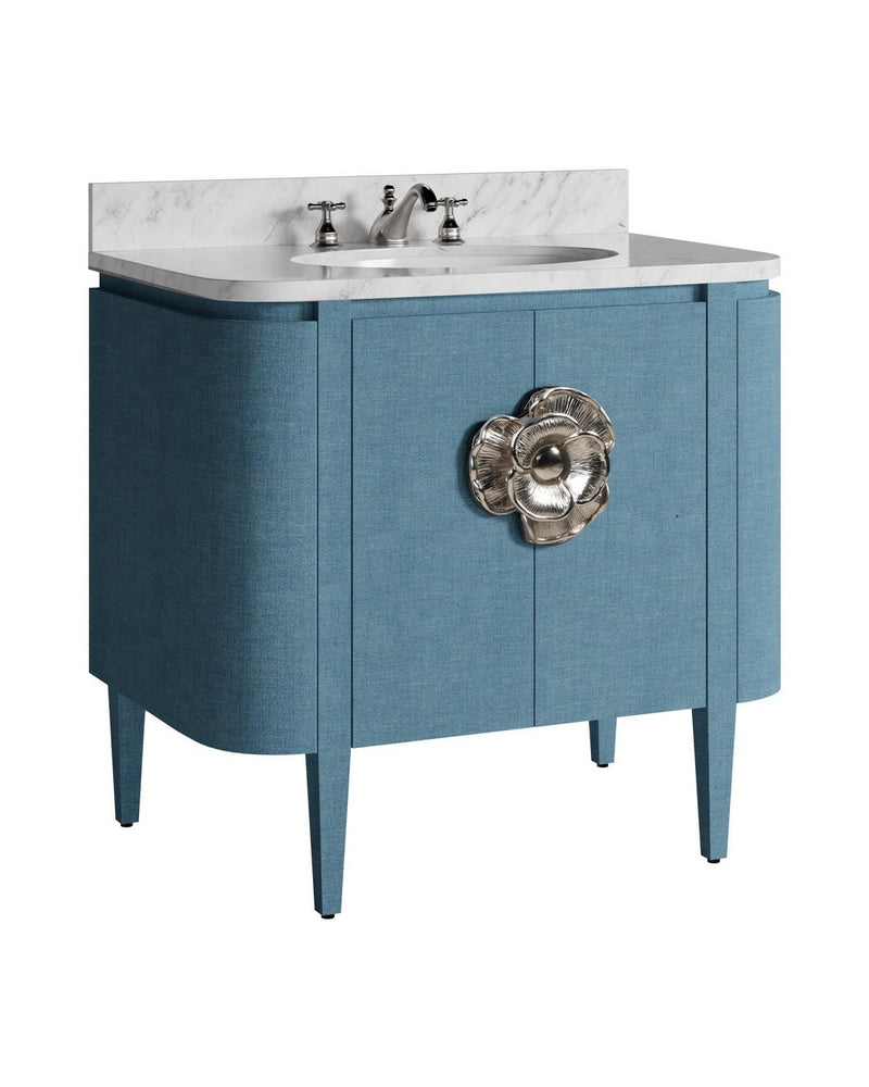 Currey and Company 3800-0015 36" Vanity with Oval Undermount Sink, Laquered Blue Linen / Natural / White / Polished Nickel