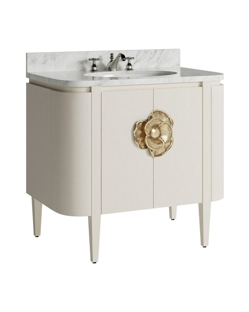 Currey and Company 3800-0016 36" Vanity with Oval Undermount Sink, Cerused White / Natural / White / Polished Brass