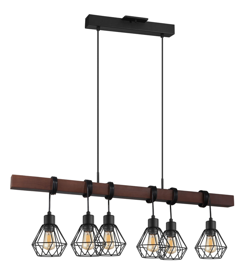 Eglo USA 204245A Six Light Pendant, Black & Dark Brown Wood