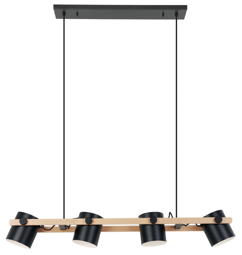 Eglo USA 43424A Four Light Linear Pendant, Black & Natural Wood