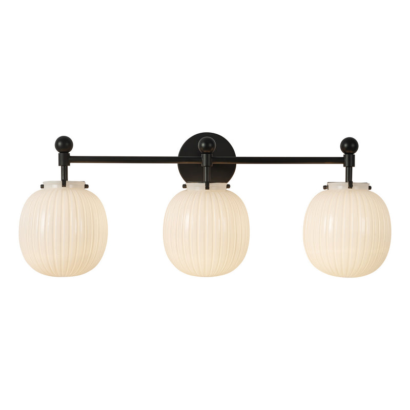 Alora VL579328MBGR Three Light Bathroom Vanity, Matte Black/Glossy Ribbed Opal Glass