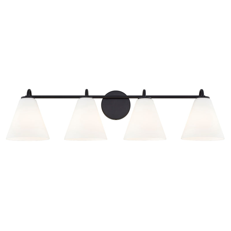 Justice Designs FSN-8364-OPAL-MBLK Four Light Bath Bar, Matte Black
