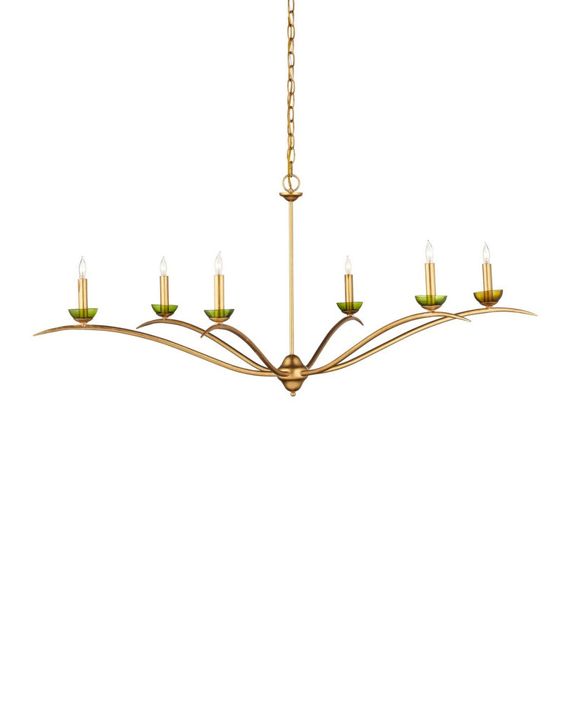 Currey and Company 9000-1338 Six Light Chandelier, Contemporary Gold Leaf/Contemporary Gold/Green