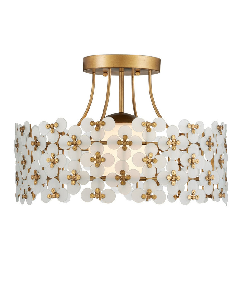 Currey and Company 9000-1345 One Light Semi-Flush Mount, Frosted/Glossy White/Brass