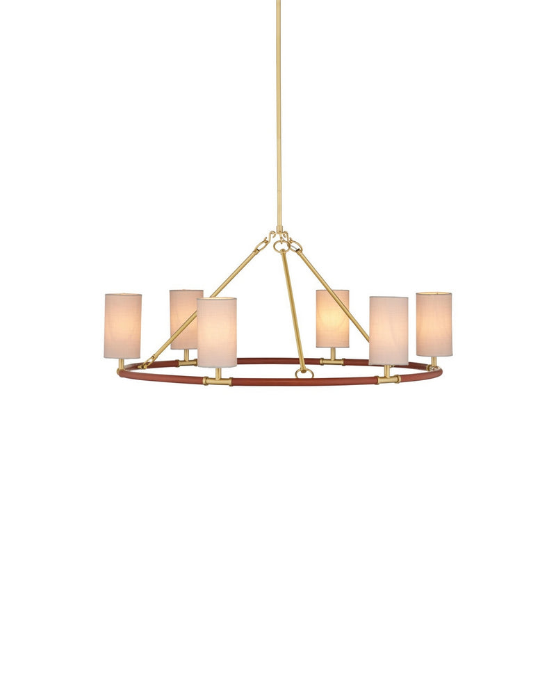 Currey and Company 9000-1351 Six Light Chandelier, Saddle Brown/Brushed Brass