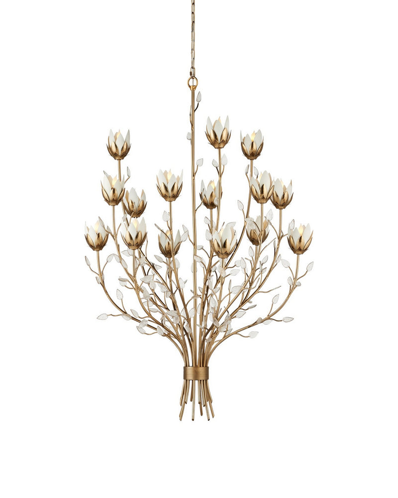 Currey and Company 9000-1358 15 Light Chandelier, Antique Brass/White/Clear