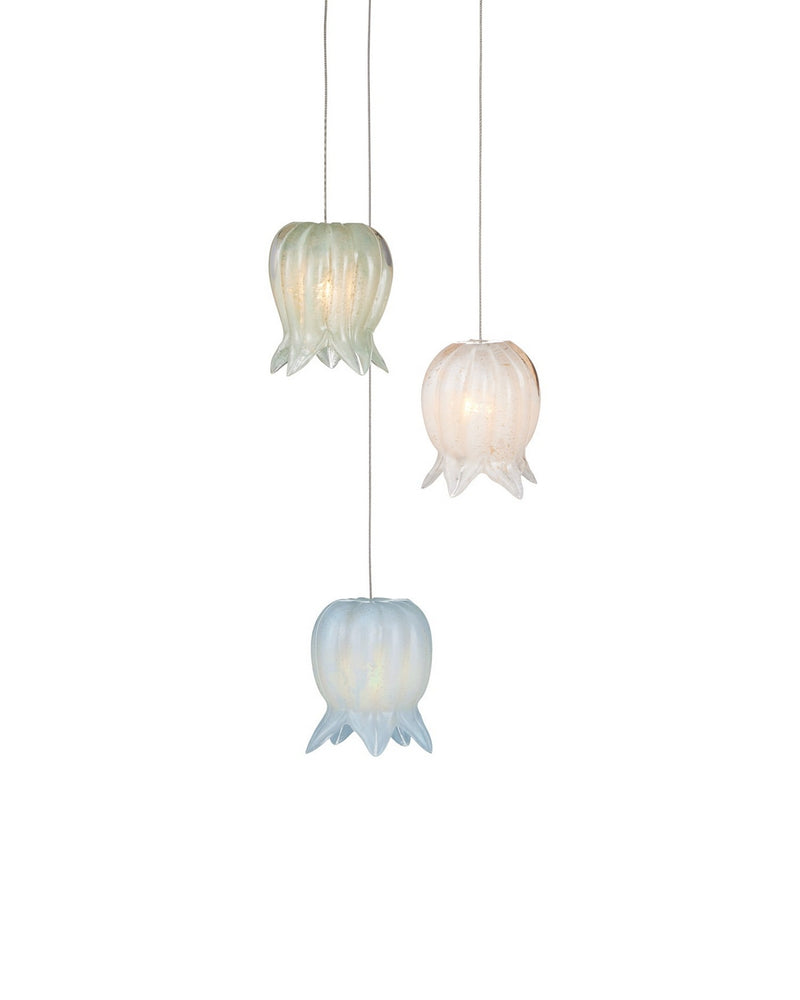 Currey and Company 9000-1419 Three Light Pendant, Blue/Green/White/Silver