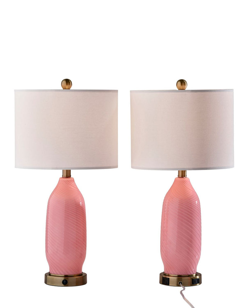 Adesso Home SL0374-29 2 Pc Table Lamp Pack, Pink Texture Glass, White Linen, Antique Brass