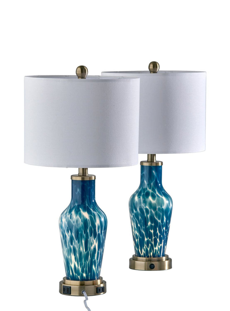 Adesso Home SL0375-07 2 Pc Table Lamp Pack, Blue Texture Glass, White Linen, Antique Brass