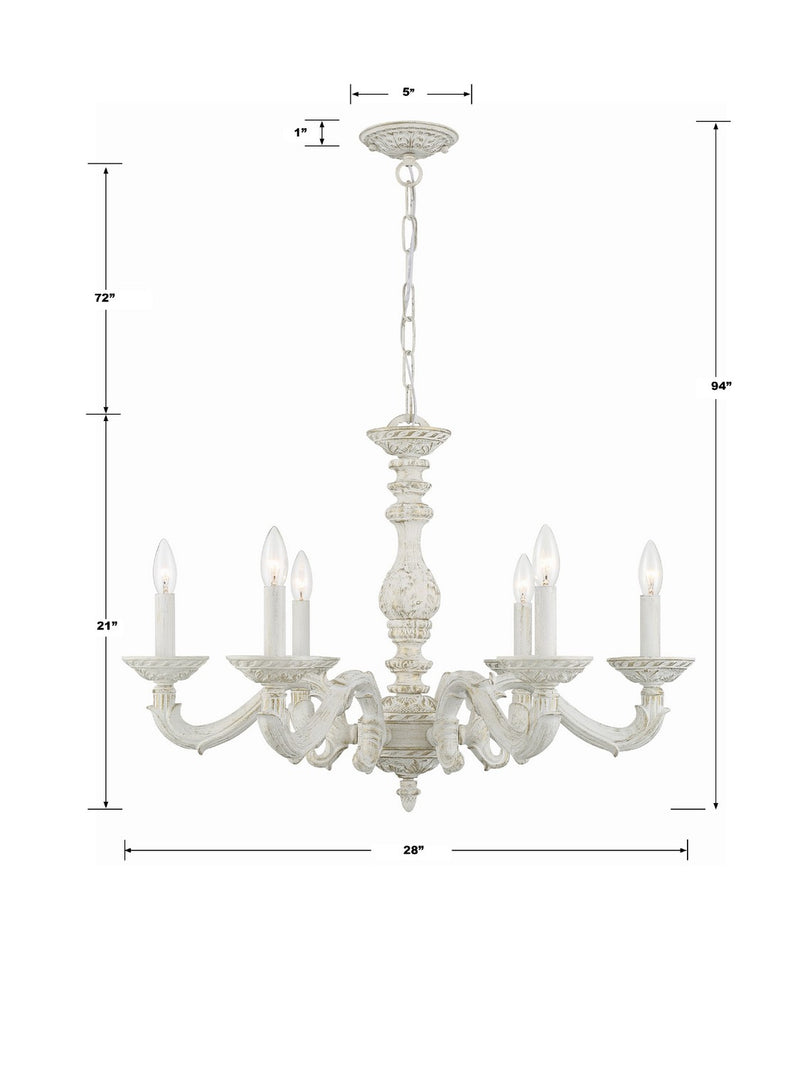Crystorama 5126-AW Six Light Chandelier, Antique White
