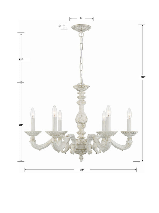 Crystorama 5126-AW Six Light Chandelier, Antique White