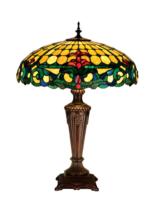 Meyda Tiffany 15707 Three Light Table Lamp, Beige Burgundy Blue/Green Green