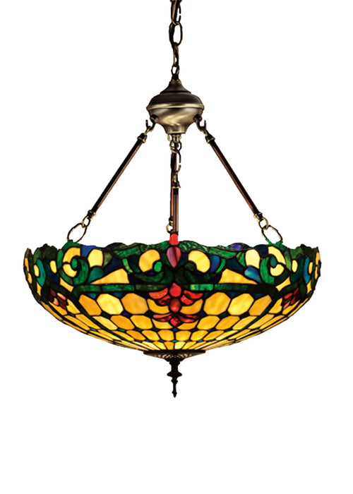 Meyda Tiffany 26694 Three Light Inverted Pendant, Beige Burgundy Blue/Green Green