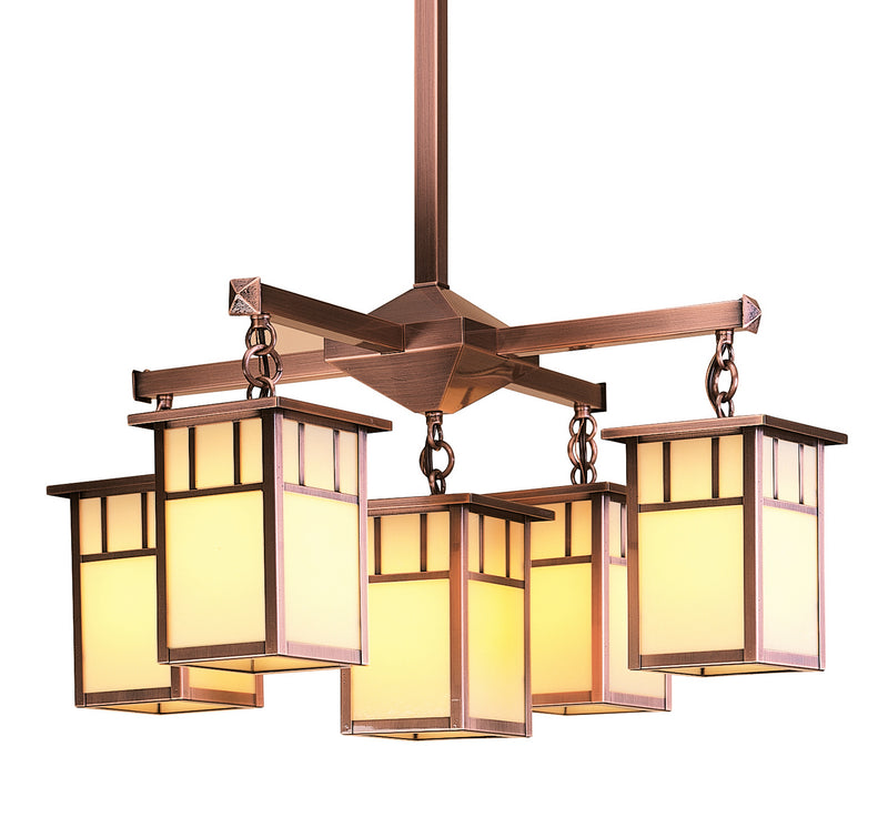 Arroyo HCH-4L/4-1DTCR-AC Five Light Glass Down Chandeliers, Antique Copper