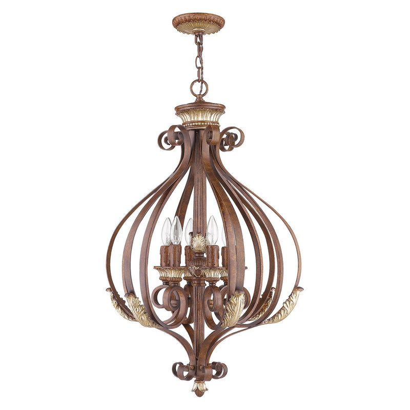 Livex Lighting 8557-63 Six Light Foyer Pendant, Hand Applied Verona Bronze w/ Aged Gold Leafs