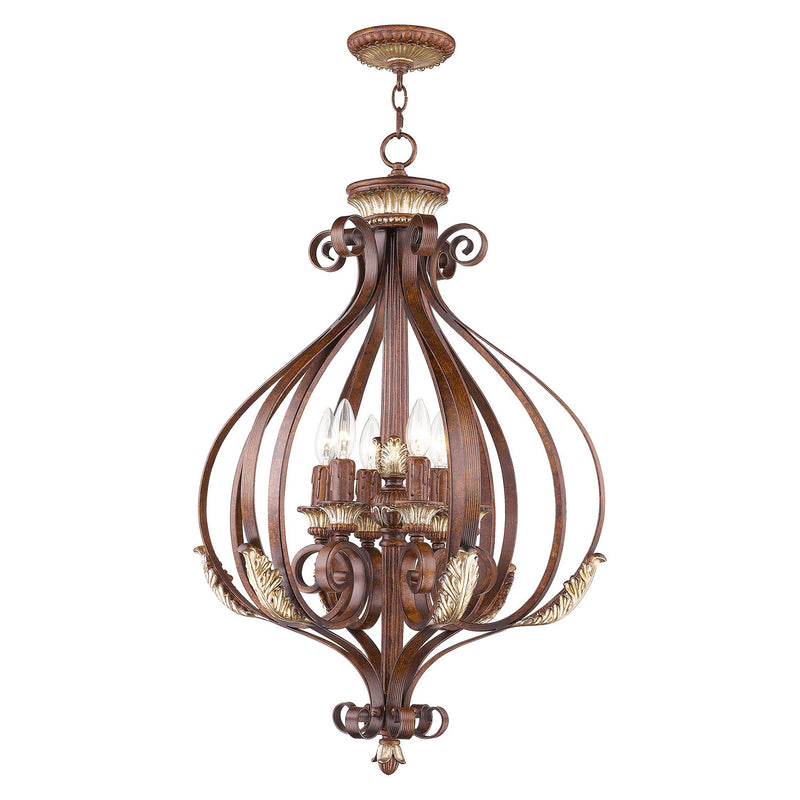 Livex Lighting 8557-63 Six Light Foyer Pendant, Hand Applied Verona Bronze w/ Aged Gold Leafs