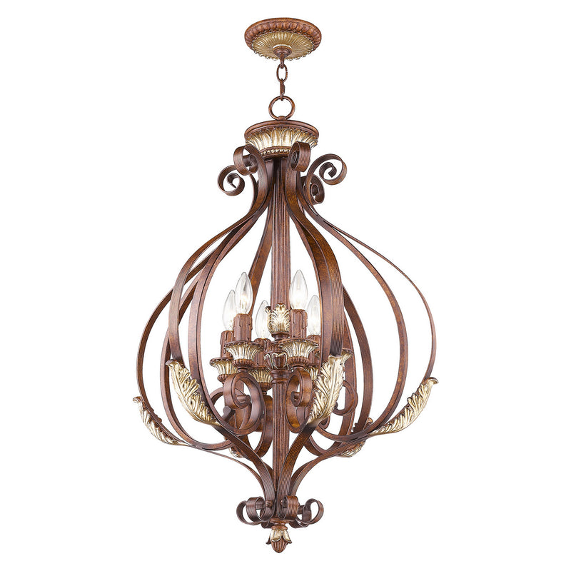 Livex Lighting 8557-63 Six Light Foyer Pendant, Hand Applied Verona Bronze w/ Aged Gold Leafs