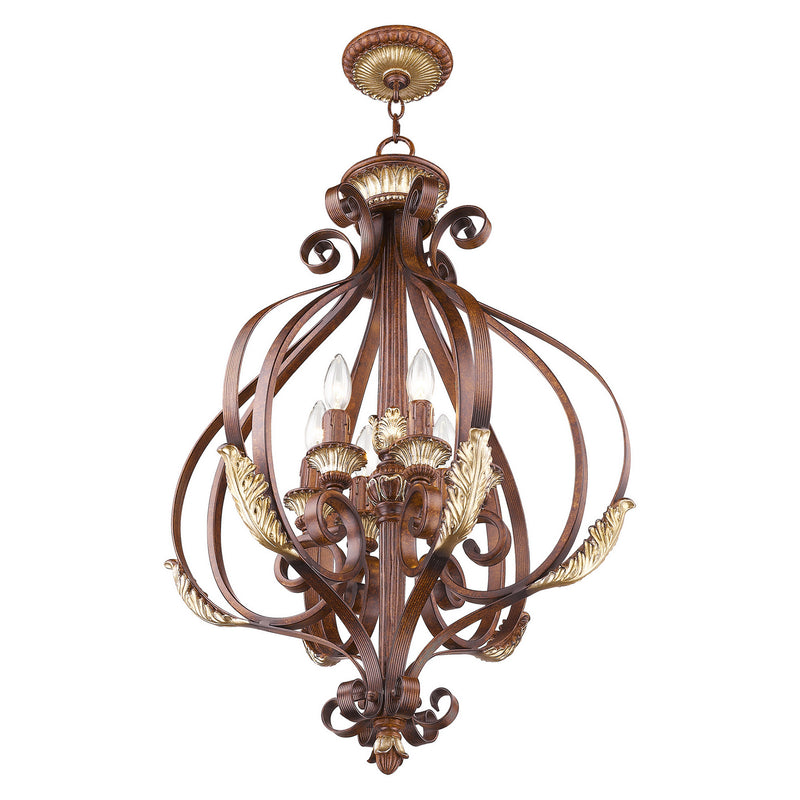 Livex Lighting 8557-63 Six Light Foyer Pendant, Hand Applied Verona Bronze w/ Aged Gold Leafs