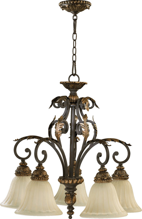 Quorum 6457-5-44 Five Light Chandelier, Toasted Sienna With Mystic Silver