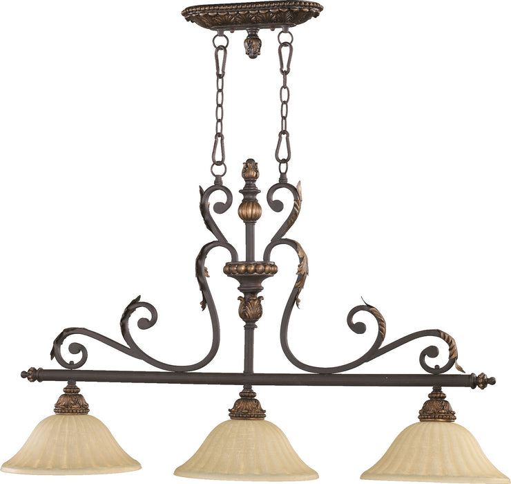 Quorum 6557-3-44 Three Light Island Pendant, Toasted Sienna With Mystic Silver